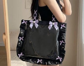 Gothic Plaid Ita Tote Bag, Clear Display Window, Y2K Street Fashion Carry