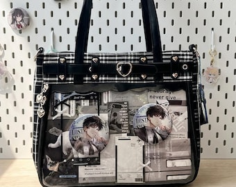 Gothic Plaid Ita Tote Shoulder Bag with Clear Display Window Pocket for Daily Use