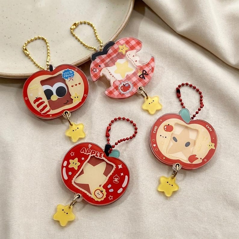 Red Star Keychain Apple Photo Card Keychain Ita Bag Charm Clear Window Fruit Star Keyring ...