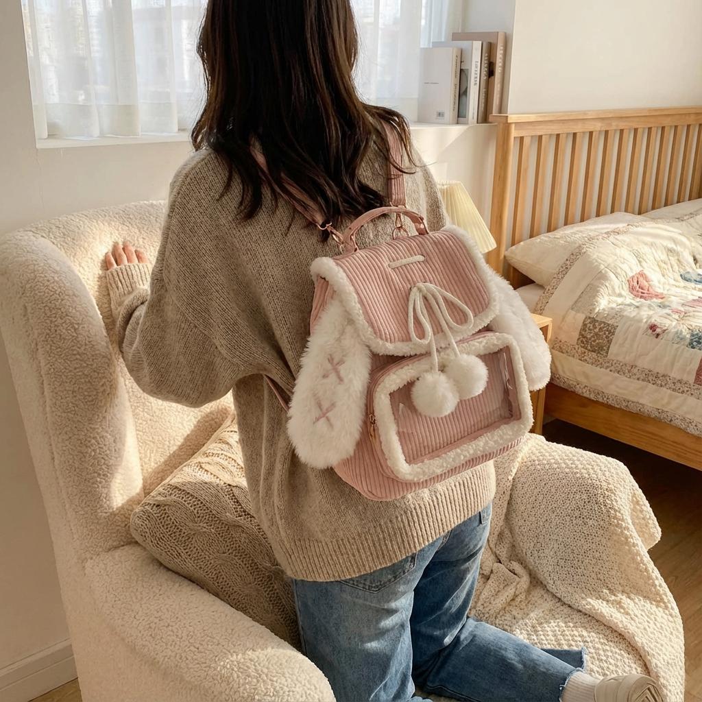Soft Plush Bunny Ita Backpack With Clear Display Pocket, Kawaii