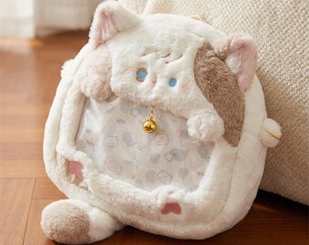 Kawaii Cat Plush Ita Backpack with Clear Display Pocket Ita Bag for Collectible Lovers