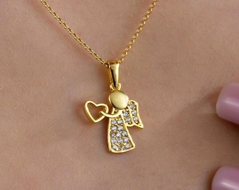 14K Solid Gold Baby Angel Pendant, Heart Guardian Angel Necklace Charm, Dainty Protection Jewelry