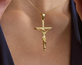Solid Gold Crucifix Cross Pendant, Faith Jewelry, 10k 14k 18k Religious Charm