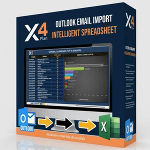 May include: A navy blue box with the text "OUTLOOK EMAIL IMPORT INTELLIGENT SPREADSHEET" and "X4 Plan". The box displays a computer screen showing a spreadsheet with data and charts. Icons for Outlook and Excel are also visible.