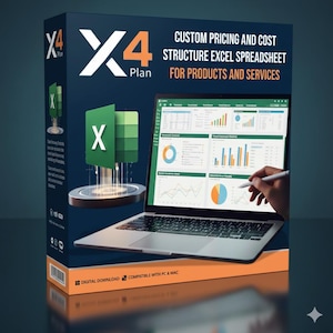 Puede incluir: Una caja de producto con el texto "X4 Plan" y las palabras "CUSTOM PRICING AND COST STRUCTURE EXCEL SPREADSHEET FOR PRODUCTS AND SERVICES." La caja también muestra una pantalla de portátil con gráficos. El texto "DIGITAL DOWNLOAD COMPATIBLE WITH PC & MAC" también es visible.