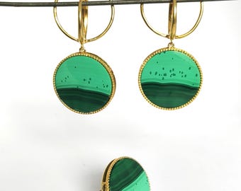 Malachite Green Stone Ring and Earrings set, natural Gemstone Jewelry, 925 Sterling Silver