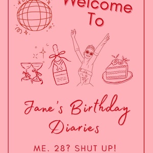 May include: Pink poster with red illustrations and text. The design includes a disco ball, champagne bottle, cake, and the words "Welcome To Jane's Birthday Diaries." The text "ME. 28? SHUT UP!" and the date "january 1, 1999" are also included.
