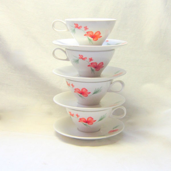 Reserved For Jamie Ben Seibel Designed Tea Cup Sets Russell Wright Luau Pattern Orange Flower Tea Cups Saucers Iroquois Impromptu  Set of 4