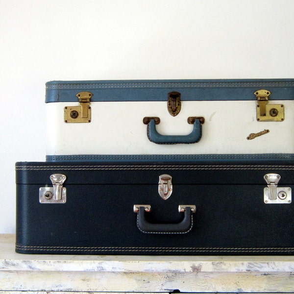 Reserved for Synthia  Large Navy Blue Vintage Suitcase Luggage Prop Storage Home Decor Wedding Nautical Decor