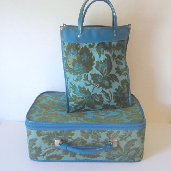 Midcentury Avon Sample Case Bag Matching Tote Bag  1960 Teal Aqua Green Brocade Tote Bag Suitcase Retro Travel Back to School