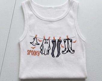 Spooky Embroidered Tank Top, Cute Halloween Ribbed Tank, Coquette Ghost Clothesline Shirt, Spooky Season Outfit