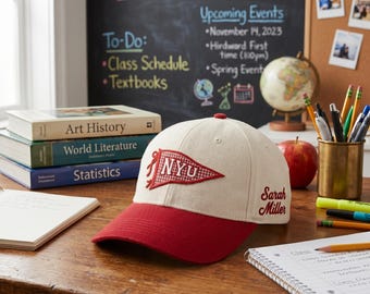 Embroidered Custom Gameday Pennant Hat, Gingham Applique Letter Hat, Custom University Embroidered Baseball Cap, Vintage Tailgate Apparel