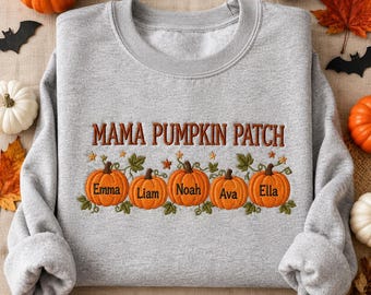 Personalized Mama Pumpkin Patch Sweatshirt, Custom Kids Names Pumpkin Shirt, Embroidered Fall Mom Crewneck, Halloween Hoodie Gift