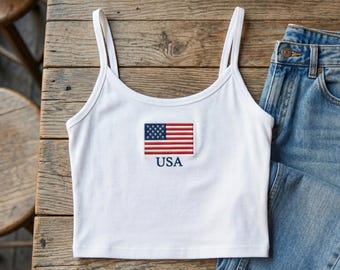 Canotta con bandiera americana ricamata, outfit estivo patriottico, maglietta per il 250° anniversario americano.