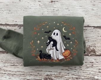 Ghost Cat Embroidered Sweatshirt, Halloween Ghost Crewneck, Black Cat Halloween Sweater, Spooky Season Embroidery, Fall Outfit Gift