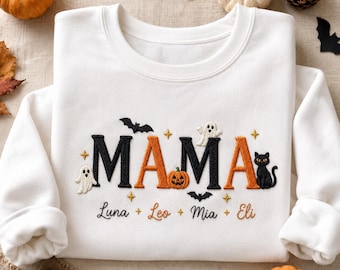 Personalized Halloween Mama Sweatshirt, Custom Kids Names Shirt, Embroidered MAMA Applique Crewneck, Spooky Mom Hoodie Gift