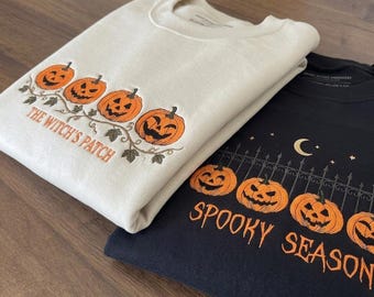 Spooky Season Embroidered Sweatshirt, Halloween Pumpkin Crewneck, Jack O Lantern Sweatshirt, Vintage Halloween Sweater, Cozy Fall Outfit