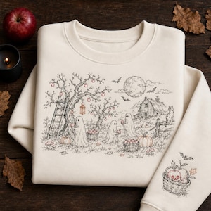 Embroidered Haunted Apple Orchard Sweatshirt, Ghost Halloween Crewneck, Vintage Fall Sweater, Apple Picking Gift, Stitched Halloween Scene