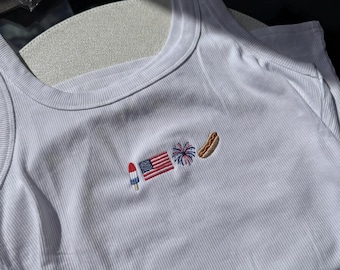 Embroidered USA Tank Top, Patriotic 4th of July Shirt, 1776 Independence Day Crop Top, Red White Blue Summer Tee, American Girl Gift