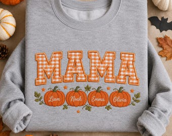 Personalized Mama Pumpkin Patch Sweatshirt, Custom Kids Names Shirt, Gingham Applique Mama Crewneck, Fall Mom Hoodie Gift