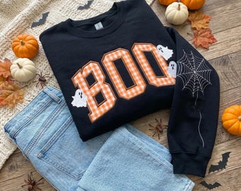 Embroidered Chenille Patch BOO Sweatshirt, Applique Halloween Hoodie, Custom Cozy Fall Crewneck, Spooky Season Shirt, Gift for Book Lover