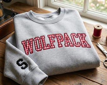 Customized Appliqué Embroidered Mock Neck Sweatshirt, Personalized Gameday Embroidered Mockneck Pullover, Gingham applique fabric fill
