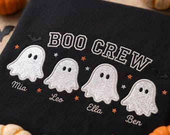 Personalized Boo Crew Halloween Sweatshirt, Embroidered Ghost Applique Shirt, Custom Kids Names Hoodie, Spooky Mama Tee, Family Gift