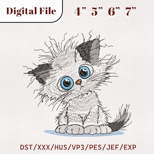 Broderidesign med kattunge med rufsigt hår, digital fil för rufsig katt 10 cm, 13 cm, 15 cm, 18 cm
