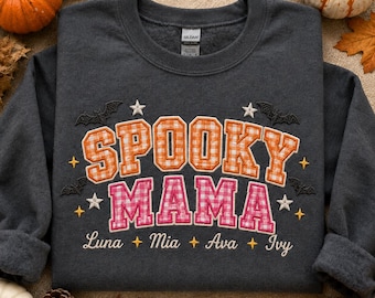 Personalized Spooky Mama Sweatshirt, Custom Kids Names Shirt, Gingham Applique MAMA Crewneck, Halloween Mom Hoodie Gift