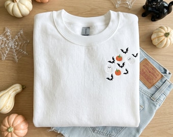 Halloween Ghost Embroidered Shirt, Cute Ghost Pumpkin Sweatshirt, Spooky Season Embroidery Tee, Minimalist Halloween Crewneck, Fall Outfit