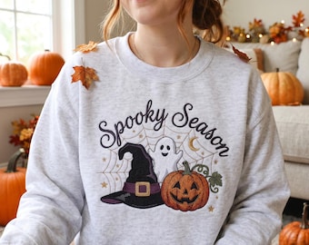 Embroidered Spooky Season Sweatshirt, Halloween Embroidered Crewneck, Ghost Pumpkin Witch Hat Sweatshirt, Cute Fall Sweater, Gift For Her