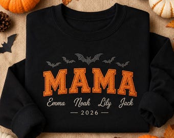 Personalized Halloween Mama Sweatshirt, Custom Kids Names Shirt, Orange MAMA Crewneck, Bat Embroidered Hoodie Gift