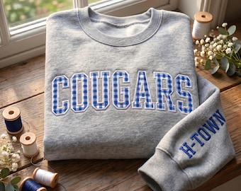 Customized Appliqué Embroidered Mock Neck Sweatshirt, Personalized Gameday Embroidered Mockneck Pullover, Gingham applique fabric fill