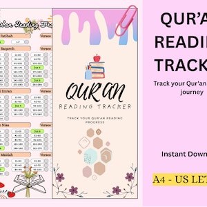May include: A pink and white Qur'an reading tracker with the text "Qur'an Reading Tracker". The tracker includes sections for tracking verses and chapters. The design includes floral elements and the text "Instant Download" and "A4 - US LETTER".