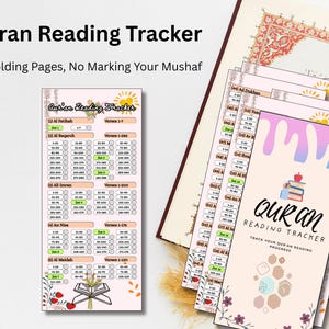 Peut inclure: Un ensemble de marque-pages rectangulaires Quran Reading Tracker avec des listes de sourates et de versets à cocher. Le design présente des couleurs pastel, des motifs floraux et une icône de livre. Le texte indique Quran Reading Tracker.