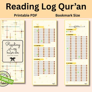 May include: Three vertical bookmark-sized reading logs for the Qur'an with a cream background. The first shows the title Reading Log Qur'an and a book icon. The second and third display numbered tracking grids for specific Surahs.