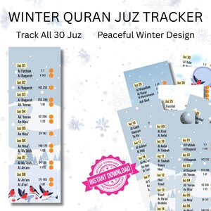 May include: A digital Winter Quran Juz Tracker featuring a light blue snowy landscape with birds and trees. The text reads WINTER QURAN JUZ TRACKER, Track All 30 Juz, Peaceful Winter Design, and INSTANT DOWNLOAD. It lists Juz 01 through 30.