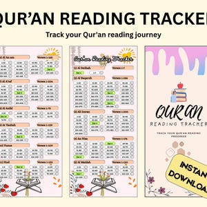 May include: A digital Qur'an reading tracker with a cream background. The design includes a reading progress chart, floral accents, and the words "Qur'an Reading Tracker." The words "Instant Download" are on a yellow tag.