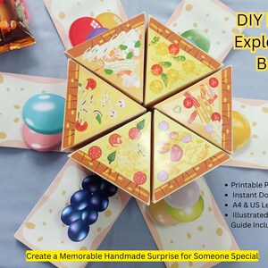 Peut inclure: Un kit DIY Pizza Explosion Box comprenant six boîtes cadeaux triangulaires en forme de parts de pizza disposées en cercle. Le set inclut des fichiers PDF imprimables pour papier A4 et US Letter, un guide d'assemblage et des illustrations.