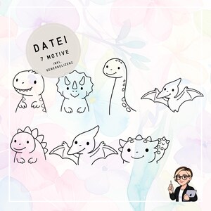 Op de afbeelding: Een verzameling van zeven zwart-wit dinosaurus illustraties, elk met een uniek ontwerp, waaronder een T-Rex, Triceratops en Pterodactyl. De afbeelding bevat de tekst "DATEI 7 MOTIVE INKL. GEWERBELIZENZ" in een cirkelvormig ontwerp.