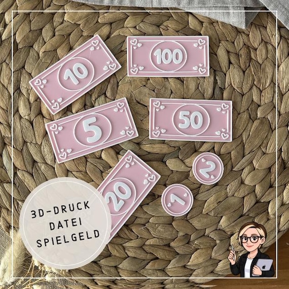Kinder Spielgeld 3D Druck Datei Kaufmannsladen Zubehör STL 3MF Spielgeld Münzen Scheine Kinder Rollenspiel Montessori Spielzeug DIY Digital