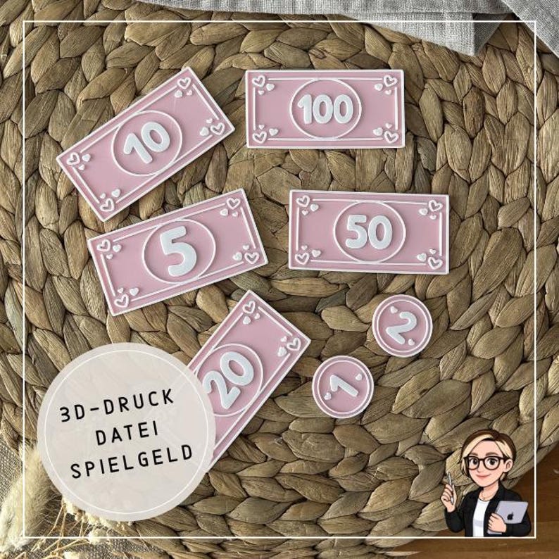 May include: Pink play money in various denominations, including bills and coins. The bills feature white numbers and heart accents. The image includes the text "3D-DRUCK DATEI SPIELGELD".
