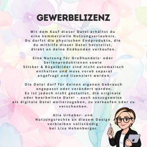 May include: A digital image with the text "GEWERBELIZENZ" at the top. The text below explains commercial usage rights, including the ability to sell physical end products. The image also features a cartoon of a woman holding a stylus and tablet.