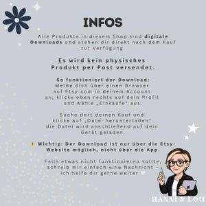 Puede incluir: Un gr&aacute;fico en azul claro con el t&iacute;tulo "INFOS" que detalla las instrucciones de descarga digital. El texto explica c&oacute;mo descargar desde Etsy. Un dibujo animado de una mujer con gafas y una tableta est&aacute; a la derecha.