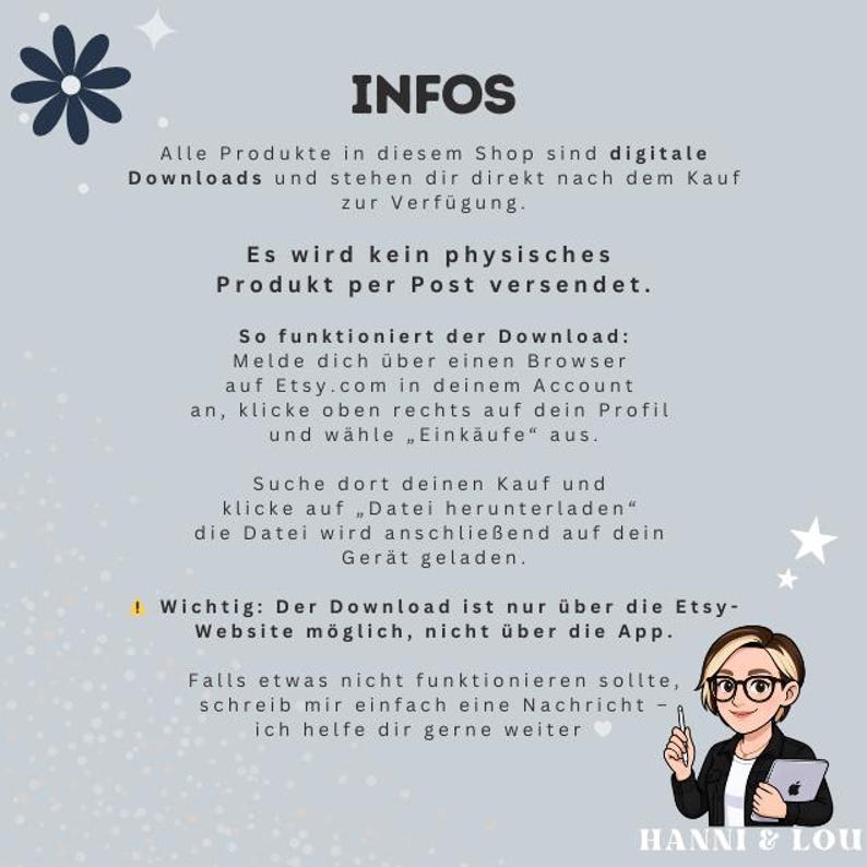 Puede incluir: Un gr&aacute;fico en azul claro con el t&iacute;tulo "INFOS" que detalla las instrucciones de descarga digital. El texto explica c&oacute;mo descargar desde Etsy. Un dibujo animado de una mujer con gafas y una tableta est&aacute; a la derecha.