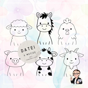 Op de afbeelding: Zes cartoon illustraties van boerderijdieren in zwart-wit, waaronder een schaap, een paard, een kip, een varken, een koe en een geit, elk met een lachend gezicht. De tekst "DATEI 6 MOTIVE" is inbegrepen.