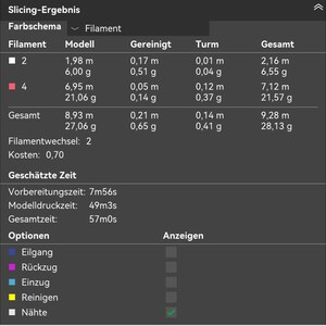 May include: A screenshot of a 3D printing software interface, displaying slicing results. The table shows filament usage, model size, and estimated print time. The interface includes options for print settings and a cost estimate.