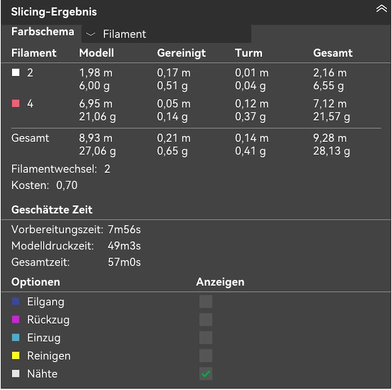 May include: A screenshot of a 3D printing software interface, displaying slicing results. The table shows filament usage, model size, and estimated print time. The interface includes options for print settings and a cost estimate.