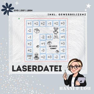 May include: A digital laser file featuring a board game design with a grid, game pieces, and the text "LASERDATEI". The design includes the text "INKL. GEWERBELIZENZ" and the names "HANNI & LOU".