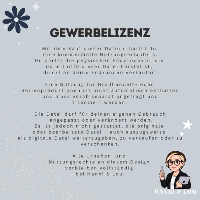Puede incluir: Gr&aacute;fico digital con el texto "GEWERBELIZENZ". El texto describe los derechos de uso comercial de archivos digitales, incluida la posibilidad de vender productos finales f&iacute;sicos. La imagen incluye una ilustraci&oacute;n de dibujos animados de una persona con gafas y una tableta.